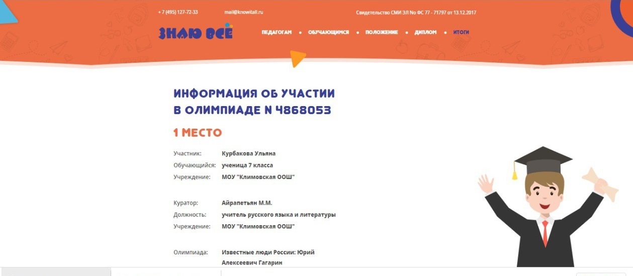 Всероссийская олимпиада «Известные люди России: Юрий Алексеевич Гагарин»..