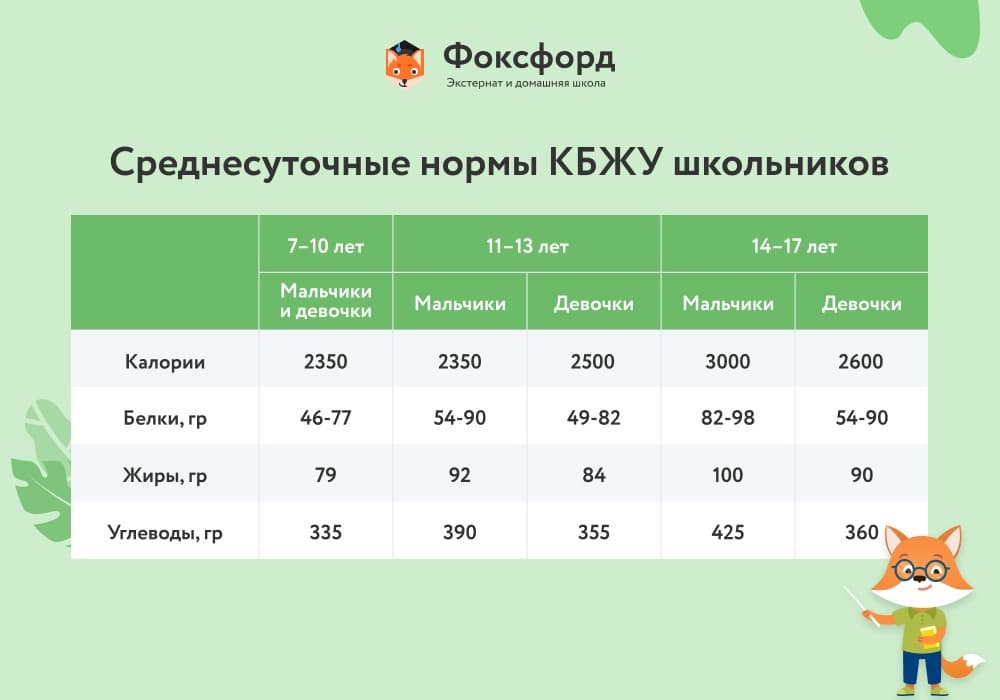 Среднесуточные нормы школьников